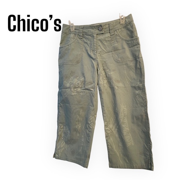 Chico’s Floral Olive Crop Capri Pants sz 6 - Picture 1 of 7
